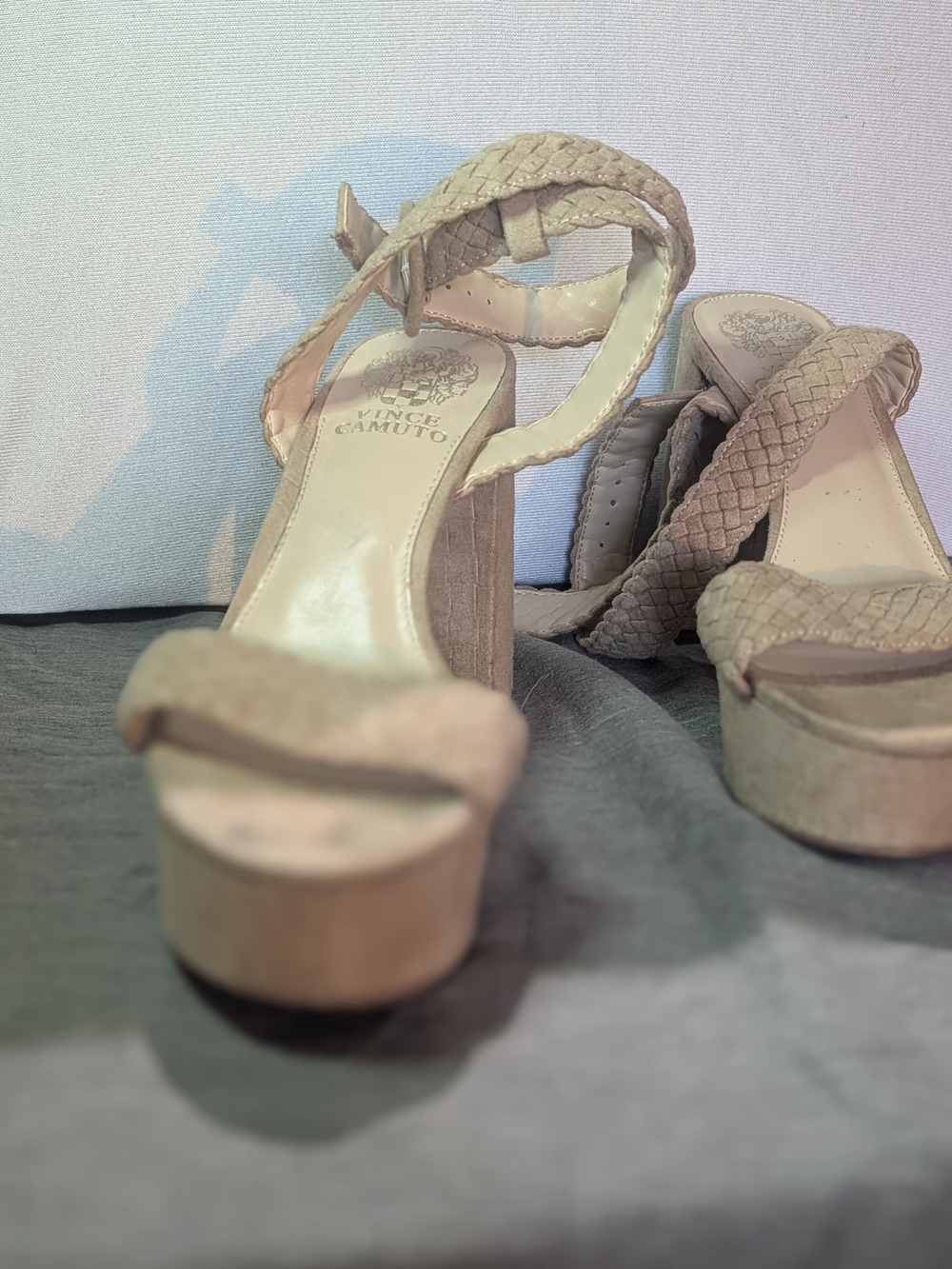 Vince Camuto Taupe Woven Strappy Block Heel Sandals 8.5